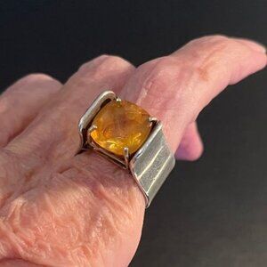 Stunning Sterling Ring with 1/2 Inch Diameter Citrine Stone in Modern Setting